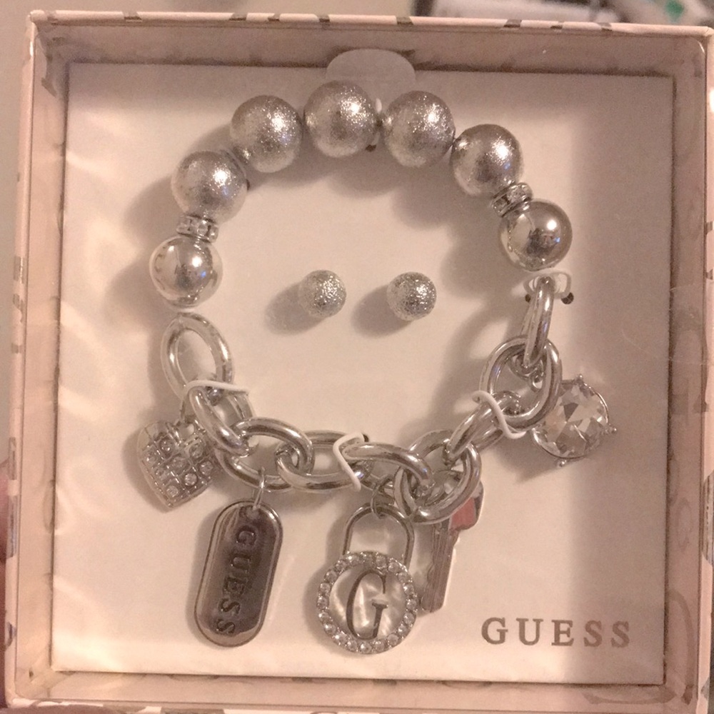 GUESS Silver Charm Bracelet and Earrings Set